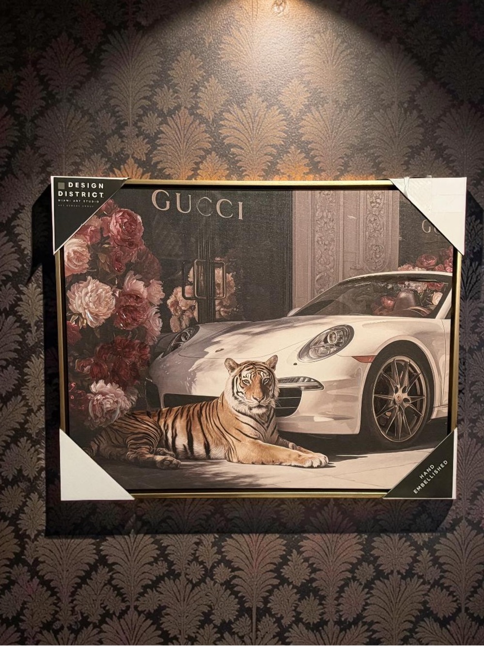 Design District. NWT Stunning Gucci Tiger & White Sports Car Framed Art Print